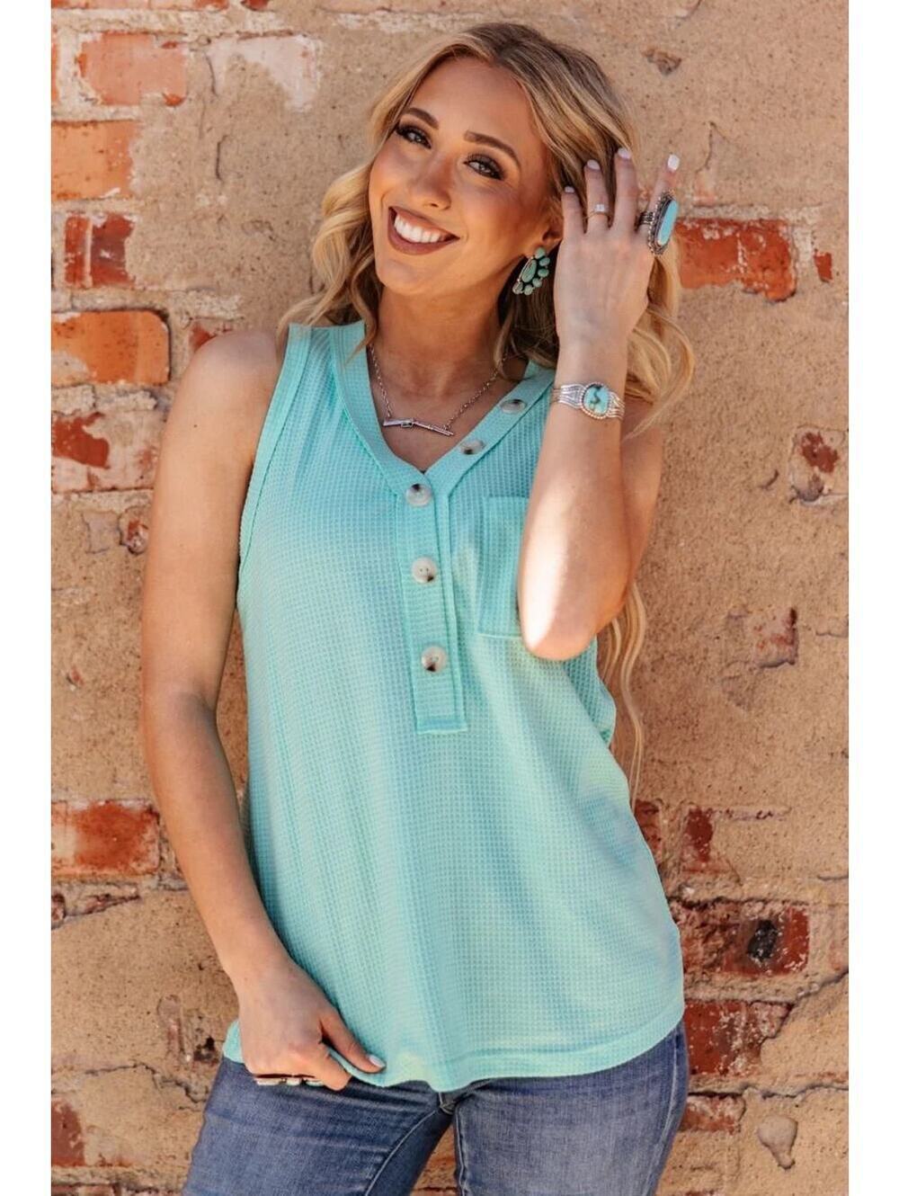 Andree By Unit NWT Women's Button Down Waffle Tank Top Aqua Size S